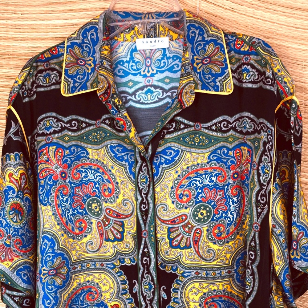 Sandro Ramy Paisley Print Satin Shirt Short Sleeve Silk-Feel Multi Size 3 - Picture 7 of 15